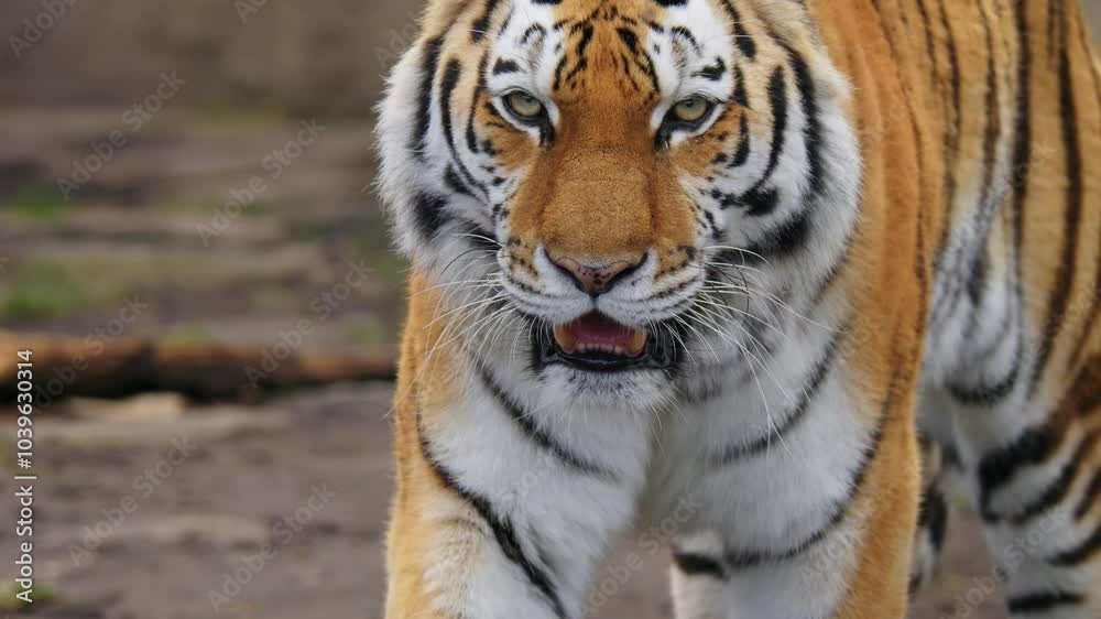 Siberian tiger (Panthera tigris altaica) walking, cat patrolling its territory Siberian tiger (Panthera tigris altaica) walking, cat patrolling its territory