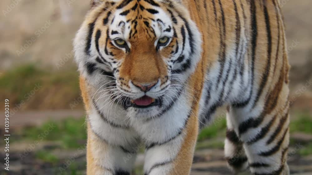 Siberian tiger (Panthera tigris altaica) walking, cat patrolling its territory
