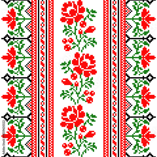 Pixel art embroidery pattern. Repeating Ukraine geometric pattern design with floral. Symmetrical and Clean. For use as neckline embroidery.
Cross Stitch seamless pattern with holly.