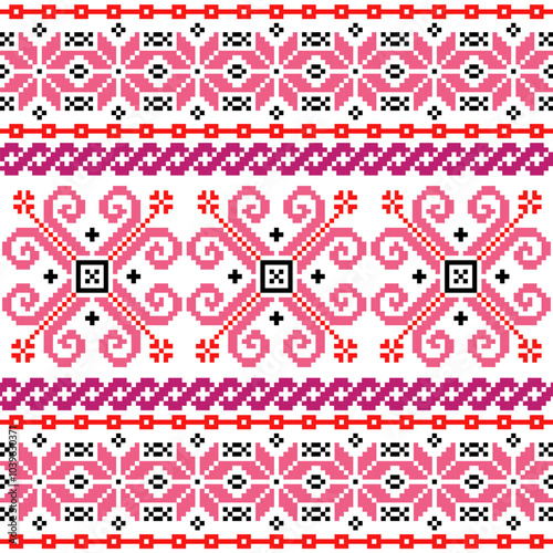 Pixel art embroidery pattern. Repeating Ukraine geometric pattern design with floral. Symmetrical and Clean. For use as neckline embroidery.
Cross Stitch seamless pattern with hearts.