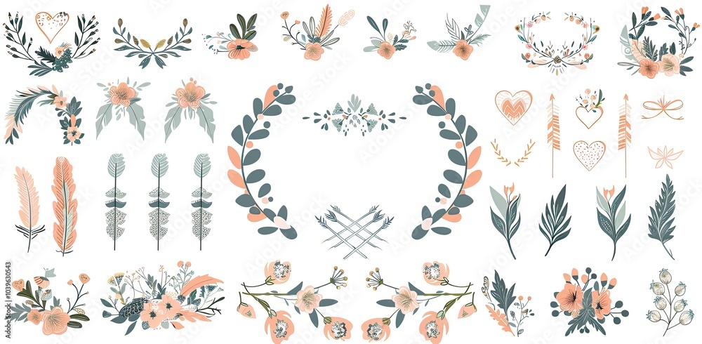 Obraz premium Watercolor feathers and leaves on white background
