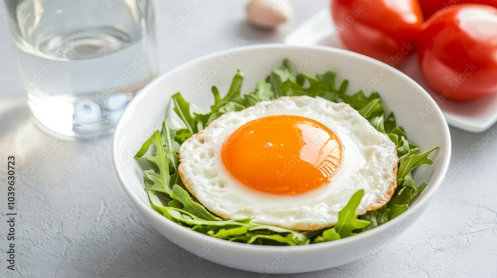 Fried egg with arugula salad in a white bowl. Fried egg with arugula salad in a white bowl.