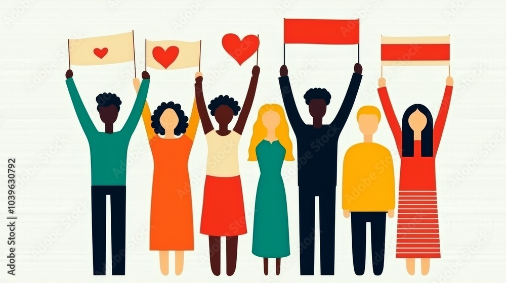 Diverse Group of People Holding Hearts and Flags. Diverse Group of People Holding Hearts and Flags.