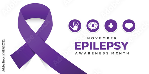 November Is Epilepsy Awareness Month. Ribbon, hand, brain, plus icon and heart. Great for cards, banners, posters, social media and more. White background. 