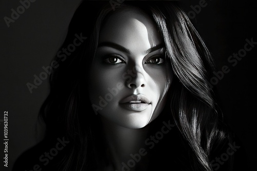 Black and white portrait of beautiful young woman fashion super model on dark background