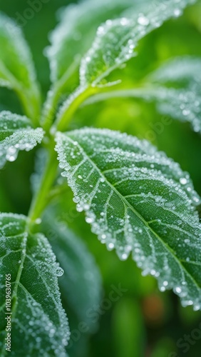 Close-up of green leaves covered with dew droplets in a natural environment. Macro shot of fresh foliage with water condensation