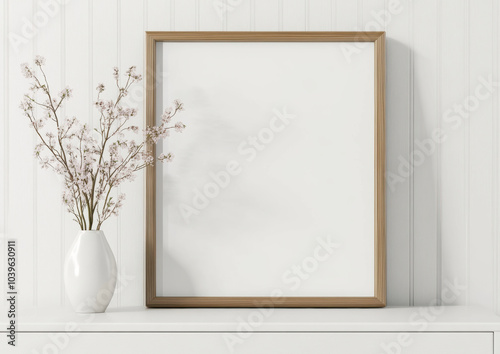 minimalist interior scene featuring blank picture frame and vase with delicate flowers. soft colors and clean lines create serene atmosphere, perfect for showcasing art or photography