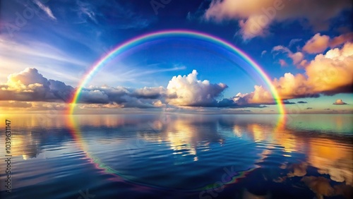 Colorful rainbow arch reflected in the horizon sky