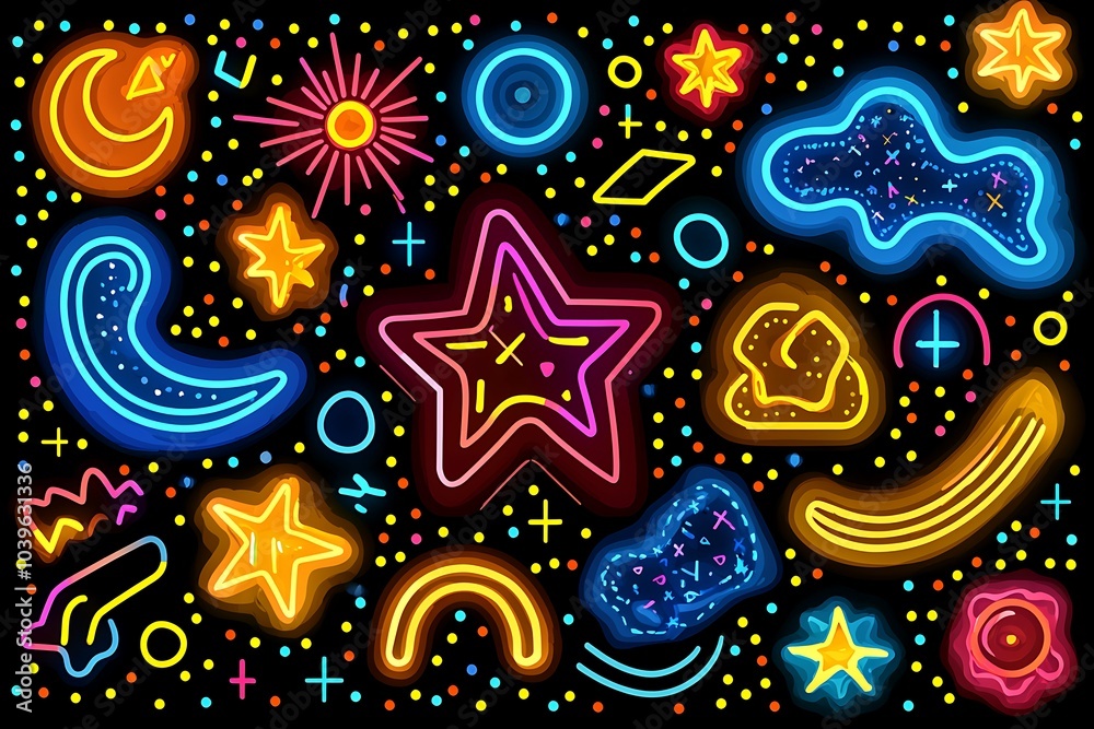 Neon Shapes and Stars Abstract Art Background, Psychedelic Cosmic Art, Bright Colors with Black Background Neon Shapes and Stars Abstract Art Background, Psychedelic Cosmic Art, Bright Colors with Black Background
