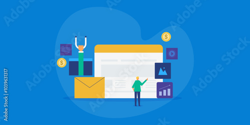 Business people operating digital marketing solution for company, website interface, startup business analytics and web development, conceptual vector illustration. 