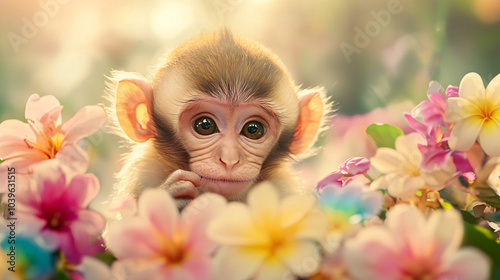 A cutest baby monkey you have ever seen with a party stage glowing with colorful flowers in beautiful forest photo