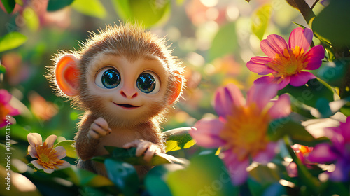 A cutest baby monkey you have ever seen with a party stage glowing with colorful flowers in beautiful forest photo