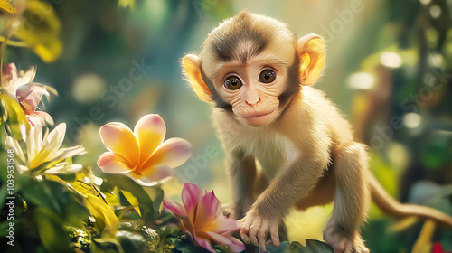 A cutest baby monkey you have ever seen with a party stage glowing with colorful flowers in beautiful forest photo