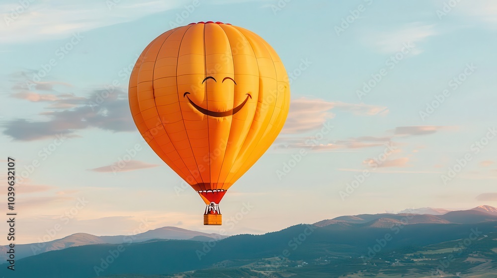 Obraz premium Colorful hot air balloon with a smiley face soaring through a serene sky.