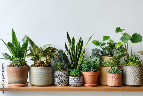 vibrant collection of indoor plants displayed on wooden shelf, showcasing various pot designs and greenery. This arrangement brings refreshing touch to any space