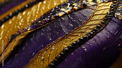  A tight shot of apurple and golden object, adorned with water droplets on its surface and agold leaf lying next to it photo