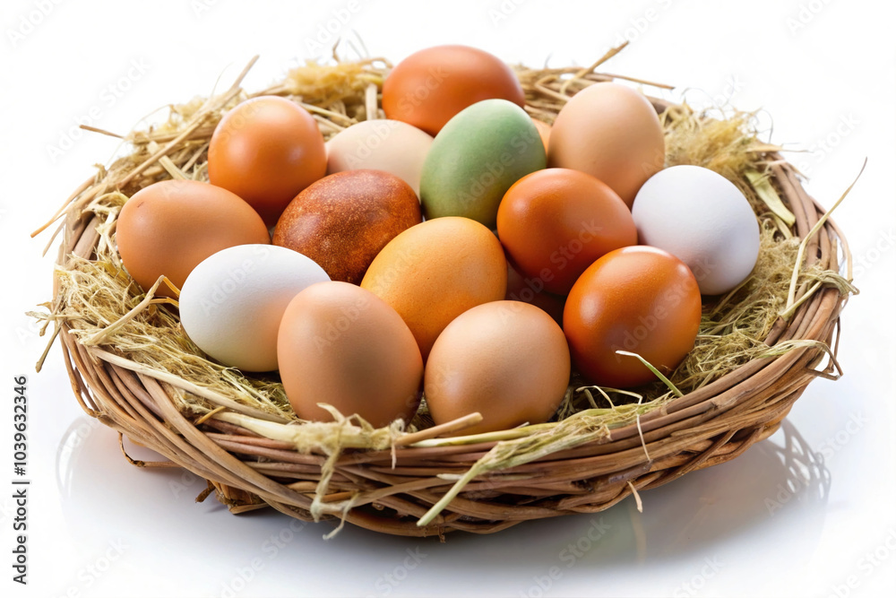 Multicolored Farm-Fresh Eggs in a Rustic Straw Nest Multicolored Farm-Fresh Eggs in a Rustic Straw Nest