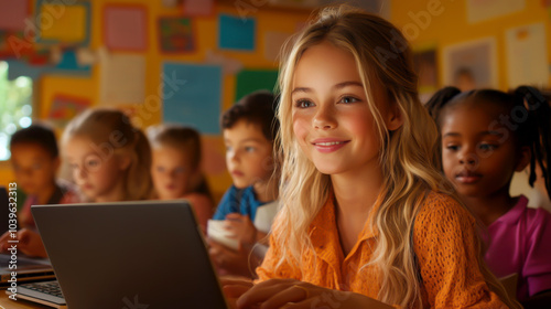 Child smiling while using laptop in a classroom setting.