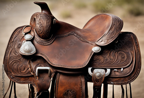 A handcrafted Western-style saddle features intricate tooled leather patterns, showcasing artistry.