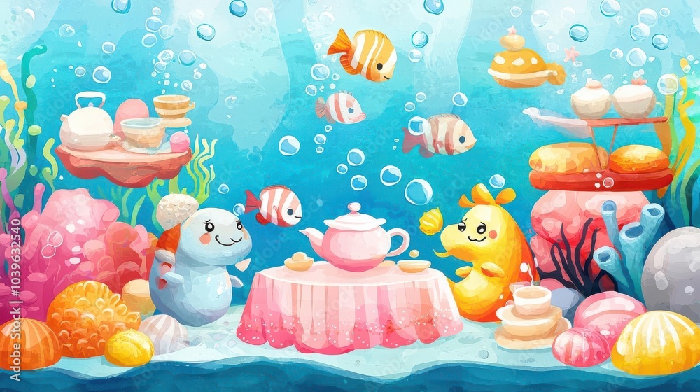 Whimsical underwater tea party with cute sea creatures and colorful coral. Whimsical underwater tea party with cute sea creatures and colorful coral.