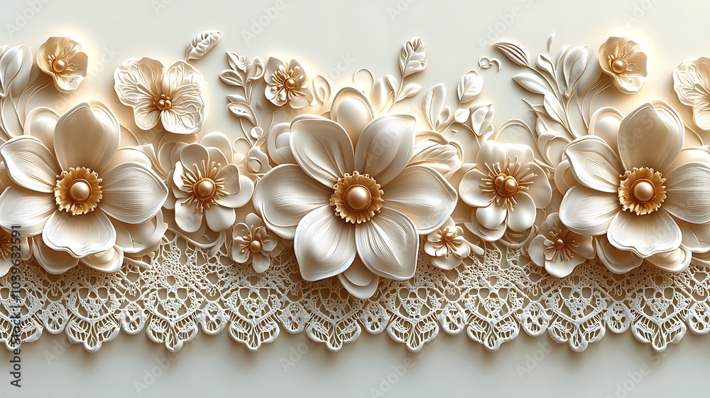 Elegant White Flowers with Gold Centers and Lace Detail Elegant White Flowers with Gold Centers and Lace Detail