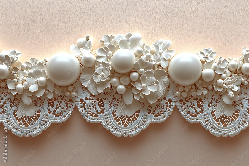 Elegant White Lace and Pearl Flower Arrangement on Pink Background