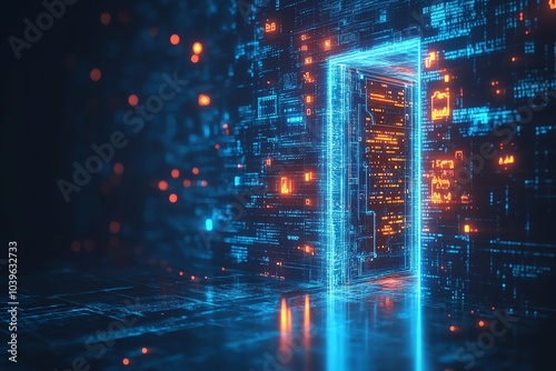 A glowing blue and orange digital doorway with code background leading to a futuristic technology world.