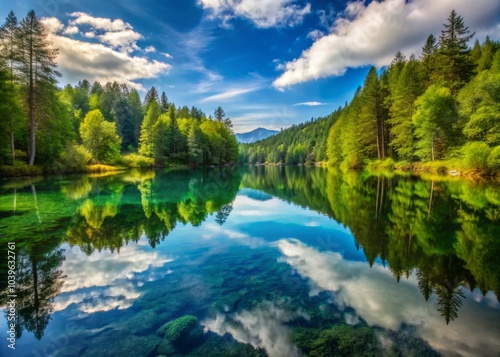 Nature's Own Mirror: Stunning Reflection of Lush Greenery and Tranquil Water in a Serene Landscape