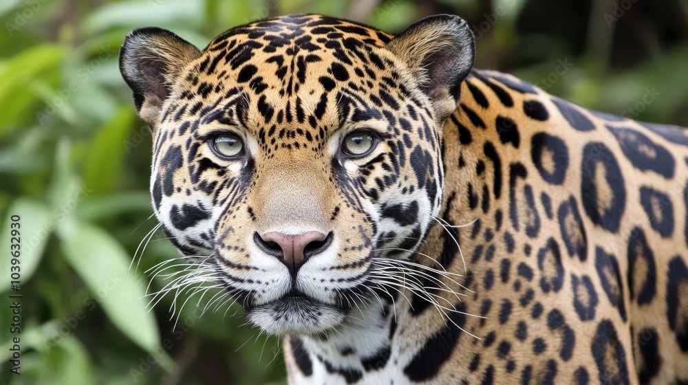 Obraz premium A tight shot of a leopard's face against a backdrop of verdant leaves