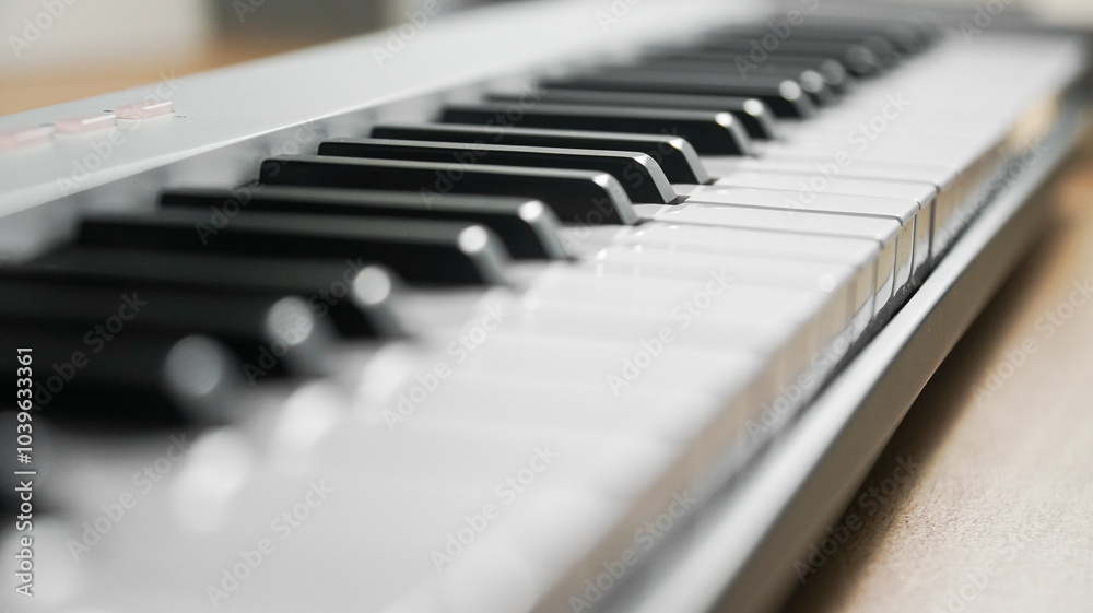 Closeups of a piano, midi controller, or keyboard on a wooden table. Home studio or music equipment concept. Closeups of a piano, midi controller, or keyboard on a wooden table. Home studio or music equipment concept.