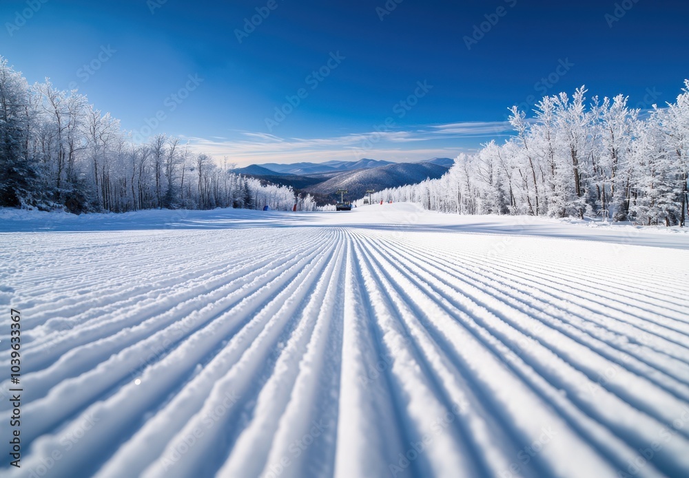A snow covered ski slope with a blue sky in the background. The snow is deep and the ski tracks are visible A snow covered ski slope with a blue sky in the background. The snow is deep and the ski tracks are visible