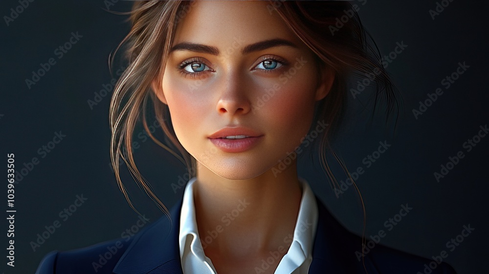 Business woman with cropped brown hair and blue eyes in blue suit and white shirt Business woman with cropped brown hair and blue eyes in blue suit and white shirt