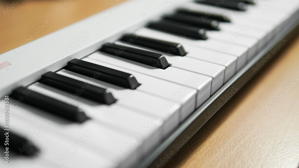 Closeups of a piano, midi controller, or keyboard on a wooden table. Home studio or music equipment concept. Closeups of a piano, midi controller, or keyboard on a wooden table. Home studio or music equipment concept.