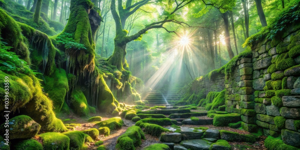 Luminous Emerald Tendrils Cascading Over Ancient Stone Walls Covered in Vibrant Green Moss Luminous Emerald Tendrils Cascading Over Ancient Stone Walls Covered in Vibrant Green Moss