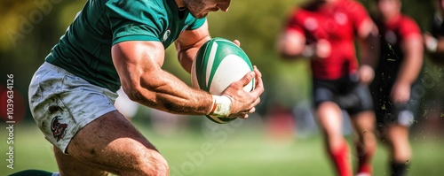 A man is running with a rugby ball in his hand. Concept of excitement and competition, as the man is focused on the ball and he is in motion. The green and red colors of the rugby ball