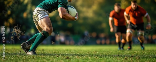 A man in a green shirt is running with a rugby ball. He is surrounded by other players, and the scene is lively and energetic