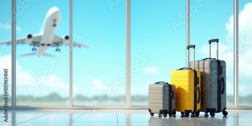 Colorful luggage waits in an airport terminal as a plane takes off in the background, capturing the essence of travel and adventure.