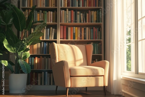 Wallpaper Mural Cozy reading nook with sunlit armchair and lush plant overlooking a colorful book collection in a serene home environment Torontodigital.ca