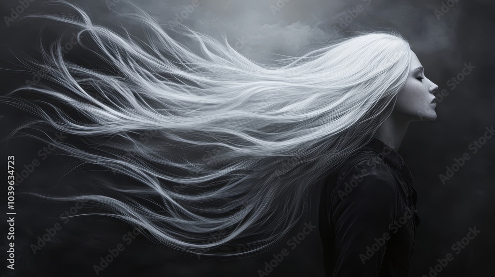 A woman with long, white hair billowing in the wind, appearing in a monochrome photograph, as smoke wafts from her tresses A woman with long, white hair billowing in the wind, appearing in a monochrome photograph, as smoke wafts from her tresses
