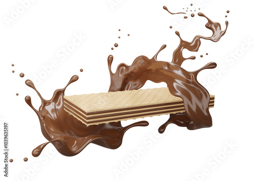 Wafer With Chocolate Splash ,3D Rendering