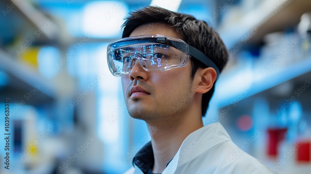 A scientist wearing augmented reality glasses in a laboratory. A scientist wearing augmented reality glasses in a laboratory.