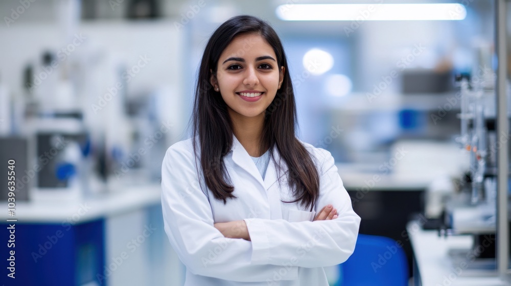 A vibrant image of a young woman scientist in a white coat, standing with arms crossed and a friendly smile. The background is softly blurred, a modern lab filled with scientific equipment. A vibrant image of a young woman scientist in a white coat, standing with arms crossed and a friendly smile. The background is softly blurred, a modern lab filled with scientific equipment.