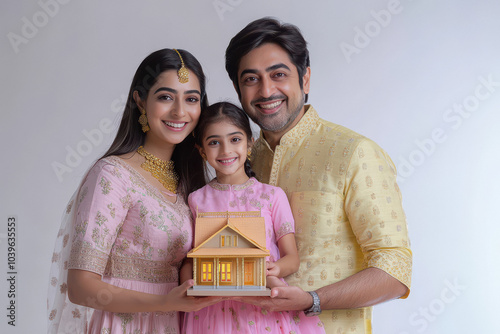 A happy Indian family holding a model house on white background
