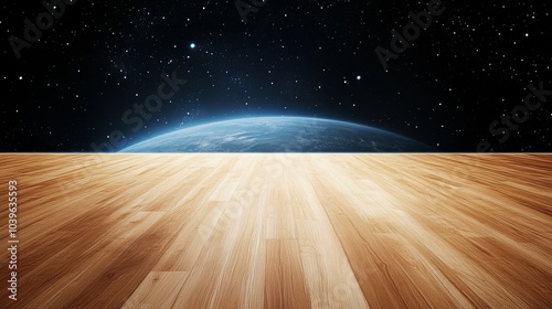  A room featuring a wooden floor and distant earthview, adorned with night sky stars photo