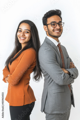 two Indian professional young happy business people standing back-to-back