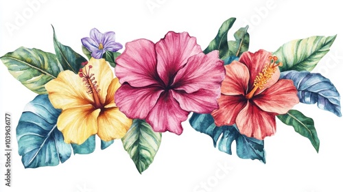Watercolor bouquet of tropical flowers featuring vibrant hibiscus blooms and lush leaves,  an exotic floral arrangement. Perfect for a tropical card design or paradise-themed decor.