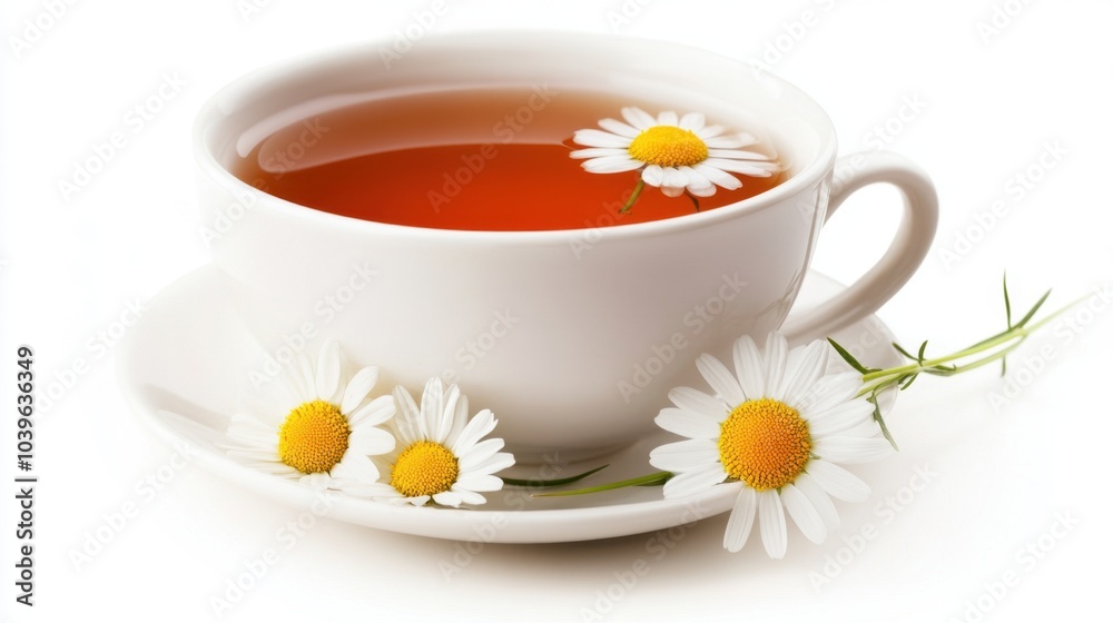 Chamomile tea, with chamomile flowers floating in it in ceramic cup, isolated on white background, Chamomile tea, with chamomile flowers floating in it in ceramic cup, isolated on white background,