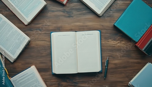 Exploring the beauty of written words an overhead view of open books and journals on a wooden table surface