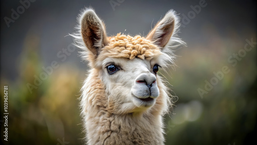 Close-up portrait of an alpaca, in a natural 