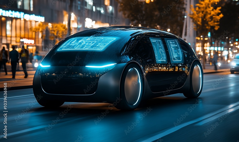 A sleek, futuristic, black self-driving car with glowing blue lights driving on a city street at night.
